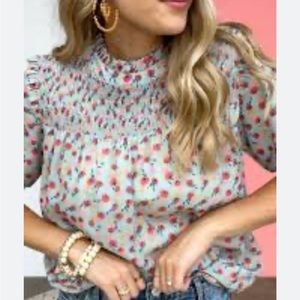 Mod Boutique Size Large smocked, floral, baby doll blouse NWOT